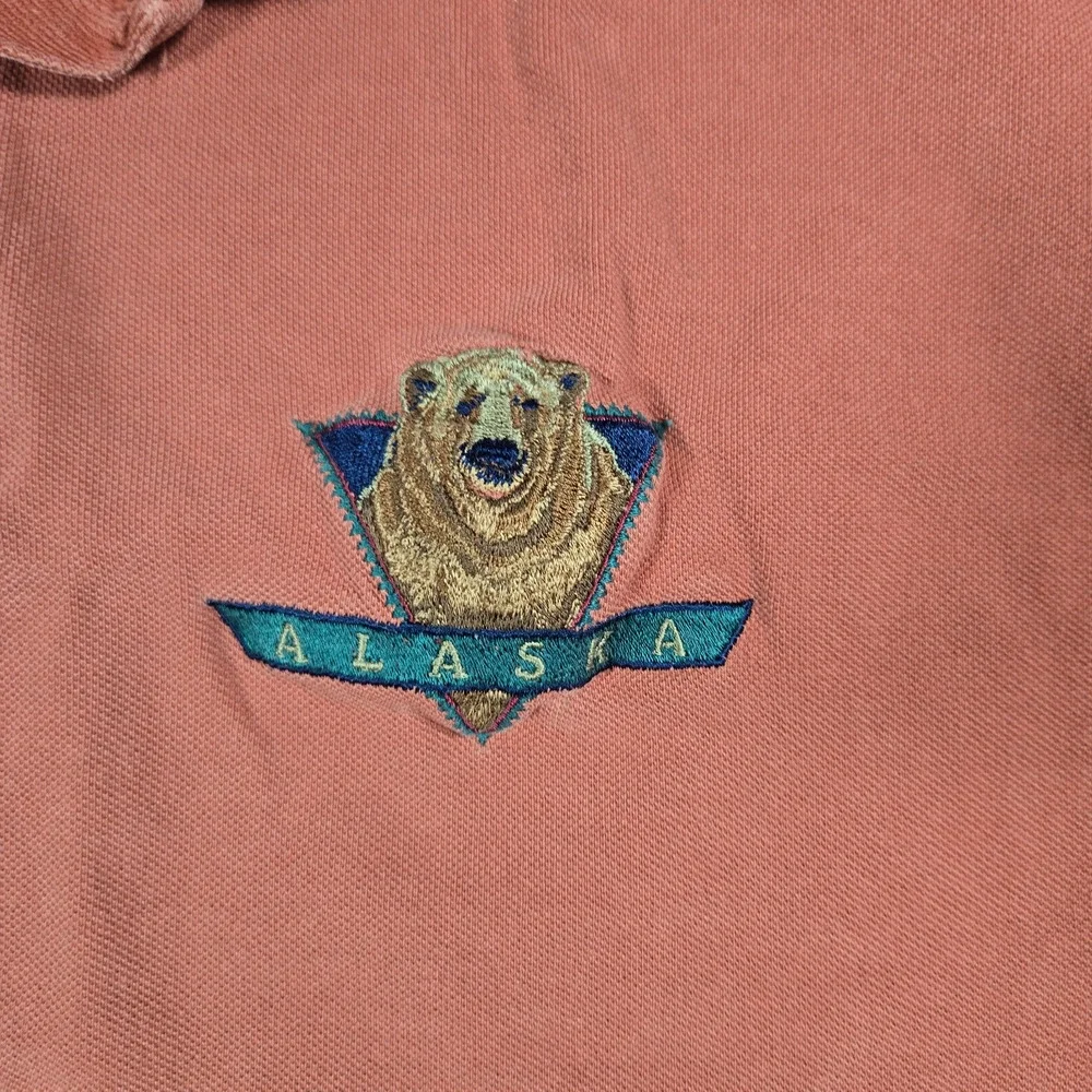 Alaska Grizzly Bear Polo Shirt Mens L Salmon Red Embroidered Wildlife Outdoors